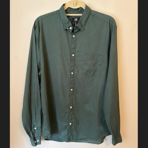 H&M Green Relaxed Fit Oxford Long Sleeve Shirt Men's Size L - Picture 1 of 4